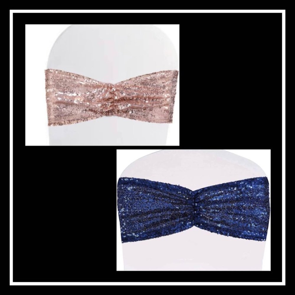 50 count | Navy Blue & Rose Gold Sequin Chair Sashes Bands Wedding Party 14x6”